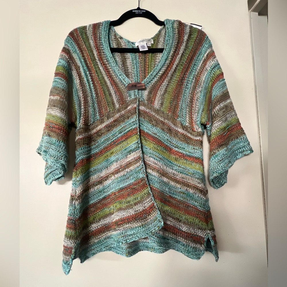 Coldwater Creek Multicolor Striped V-Neck Knit Cardigan — Aqua, Brown & Green